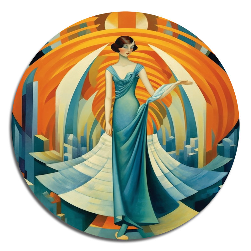 Art déco cosmopolite gracieuse danseuse en bleu - mode ronde en métal, H 29 po x l 29 po