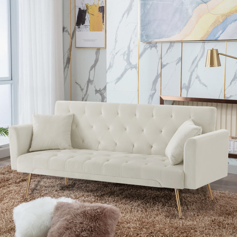 Modern Style 71.65‘’ Upholstered  Sleeper Sofa, Beige Velvet