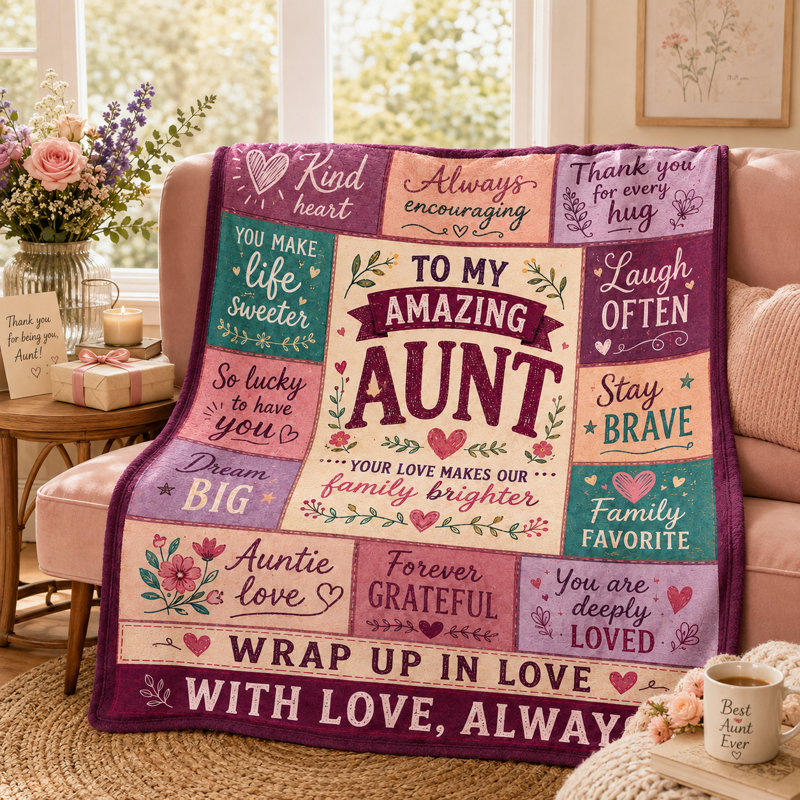 Couverture patchwork en flanelle avec citations familiales touchantes, idéale pour remercier une tante, un accessoire douillet pour le canapé, le lit ou le coin lecture, 127 x 152 cm