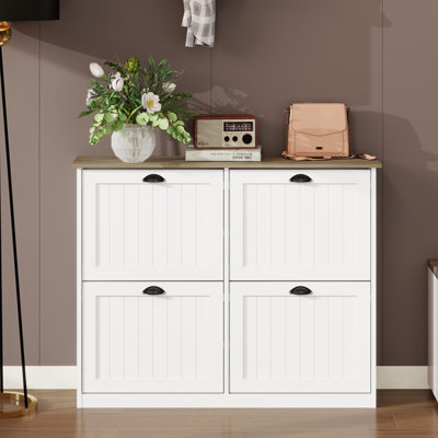 Shoe Storage Cabinet With 4 Flip Drawers, Freestanding Shoe Cabinet Organizer With Adjustable Shelf, Shoe Cabinet For Entryway,  Foyer, Slim Shoe Cabinet-White, Shoe Storage