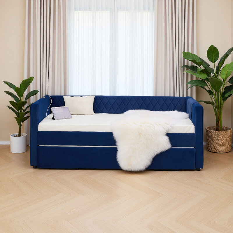 Velvet Daybed, Sturdy Wooden Bed Frame, Modern Diamond Grid Pull-Out Design, For Bedroom, Living Room Furniture, Navy