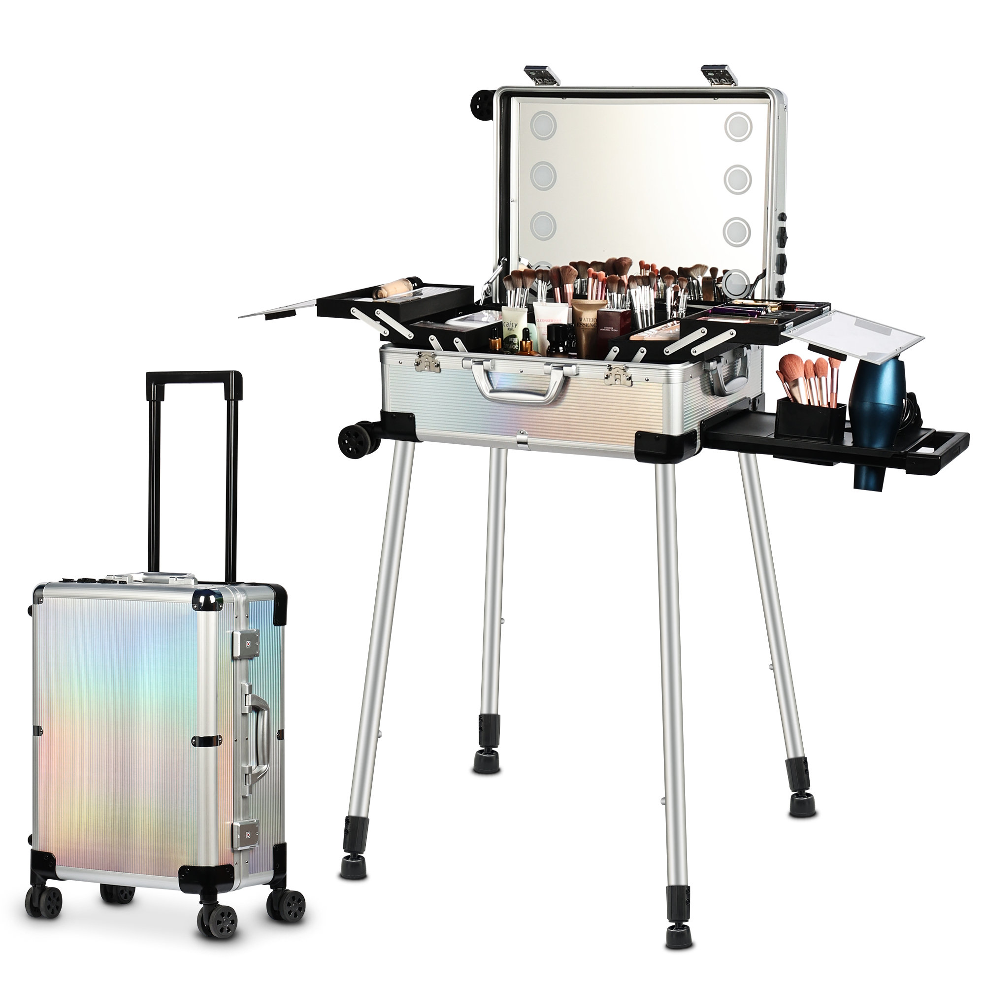 TASALON Makeup Train Case With Code Lock, Led Mirror, Travel Cosmetic  Organizer Box, Professional Artist Trolley Studio Free Standing Case,  Iridescent