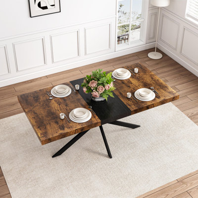 55.11" -70.86"Retro Rectangular Stretch Dining Table, Antique Wood Top And Relief Plate, Fine Sand Cross Iron Foot Base Dining Table