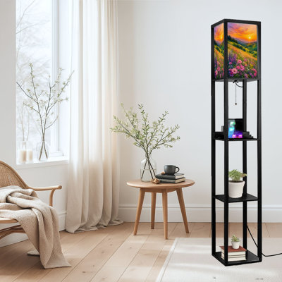 Lampe sur pied à DEL à intensité variable et vibrante Sunset Rolling Hills Colorful Wildflower Meadow, lampe sur pied avec cadre en panneau de fibres à densité moyenne et télécommande