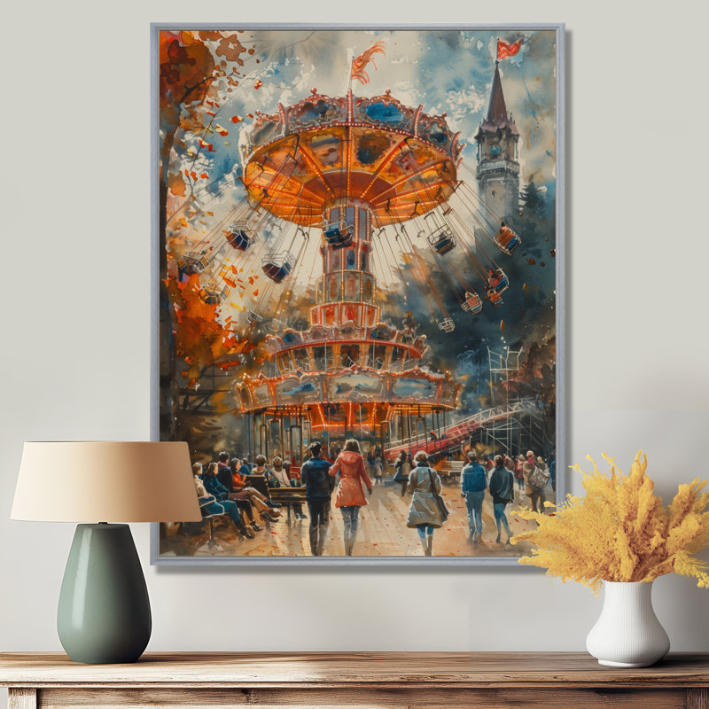  «Yellow Gray Vintage Carousel Amusement Parks II - Amusement Parks Wall Art Living Room, Encadrement argenté