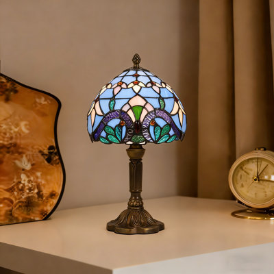 14-inch Tiffany Style Stained Glass Table Lamp With Blue Shade, Antique Bronze Base