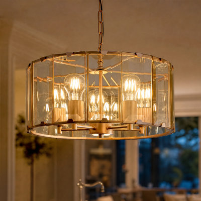 19" 5-Light Gold Cognac Flat Panel Glass Drum Chandelier