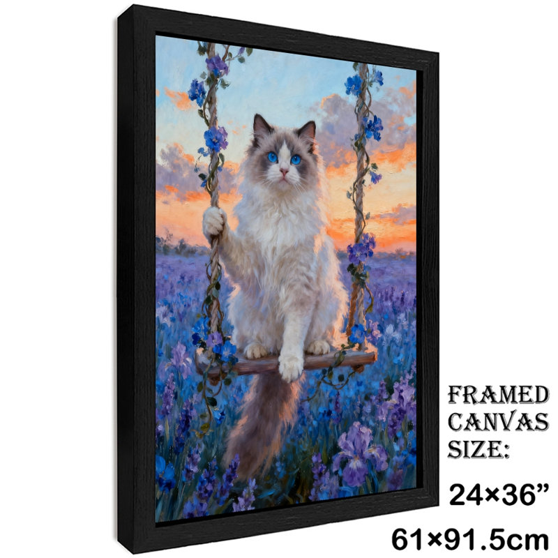 Art mural rétro noir marionnette avec chat et champ d'iris, impressions de style rétro, H 37 po x l 25 po