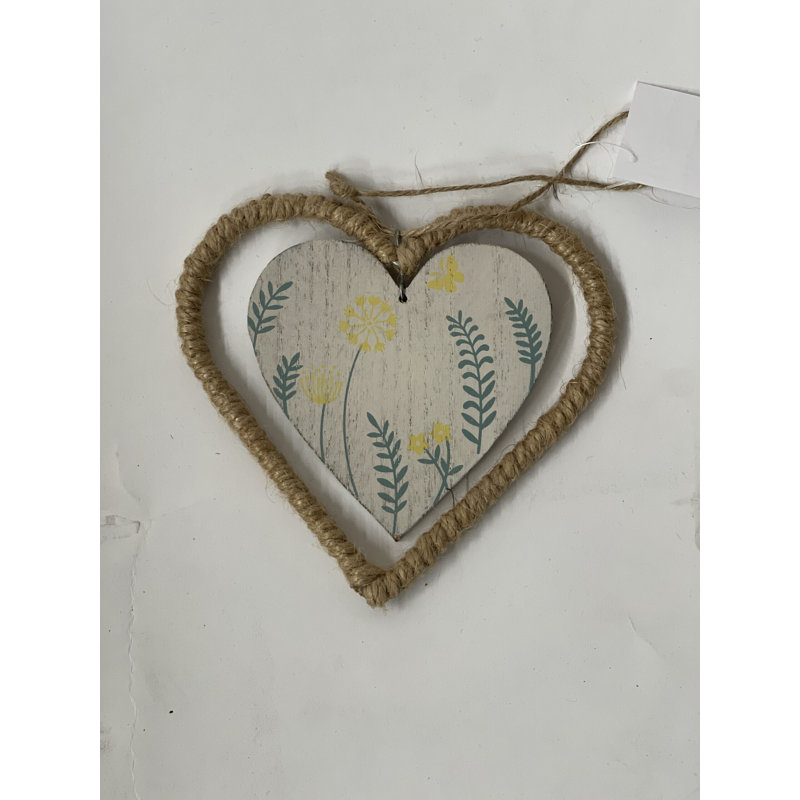Wooden Heart With Floral Pattern In A Jute Frame Hanging Decoration