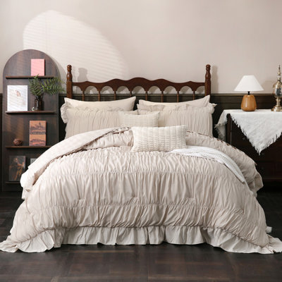 Olive Ruffle Comforter Set ,Ruched Boho Bedding 9 Pcs Bed-in-a-Bag,Luxury Bedding Set with Sheet,Quilt Set Soft Fluffy Vintage Comforter for Room Decor All Season