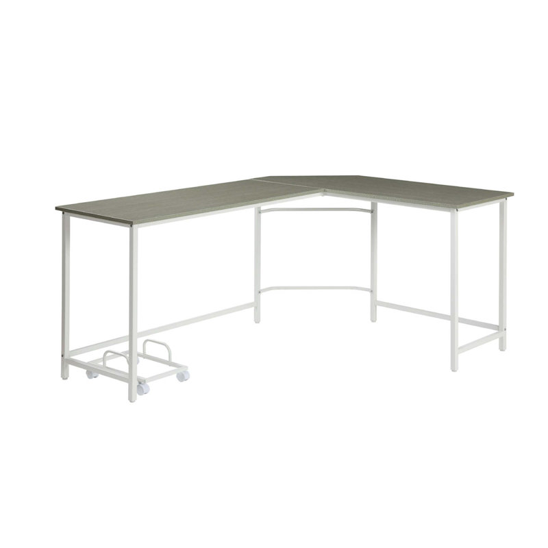 Bureau d'ordinateur en L rectangulaire avec design peu encombrant et support pour tour d'ordinateur portable, gris et blanc