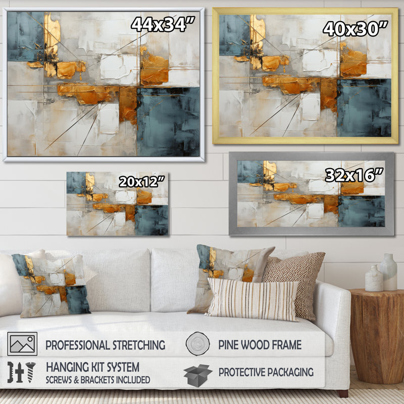 Gold Grey Gleaming Geometry IV On Canvas Print, Black Single Picture Framed, 16" H x 32" W x 1" D