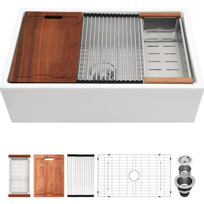 White Ceramic Sink 30X20 - Single Bowl Workstation. And Elegant. To Chips, Scratches Discoloration. Space Saving. Comes With Useful Kitchen Accessories 30" Workstation 20 Inch Wide. Stylish Sink.