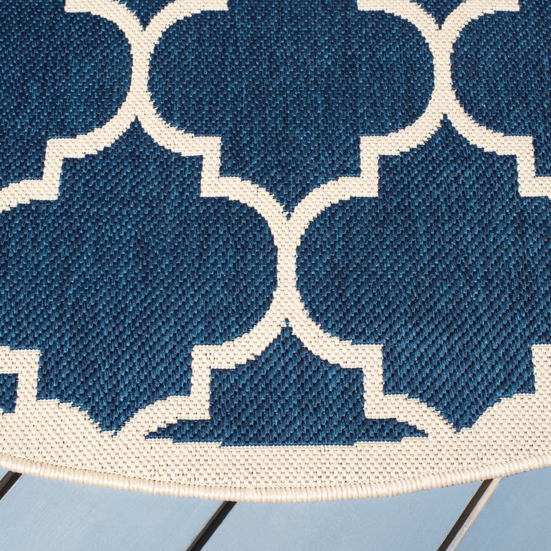 Tapis d'intérieur / extérieur à motif géométrique Courtyard Performance, Rond 4 pi, Beige / marine