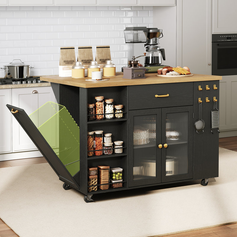 Kitchen Island With Drop-leaf And Charging Station, Mobile Kitchen Cart With Wheels, 2 Storage Drawers, Trash Cabinet, 3-tier Open Shlves