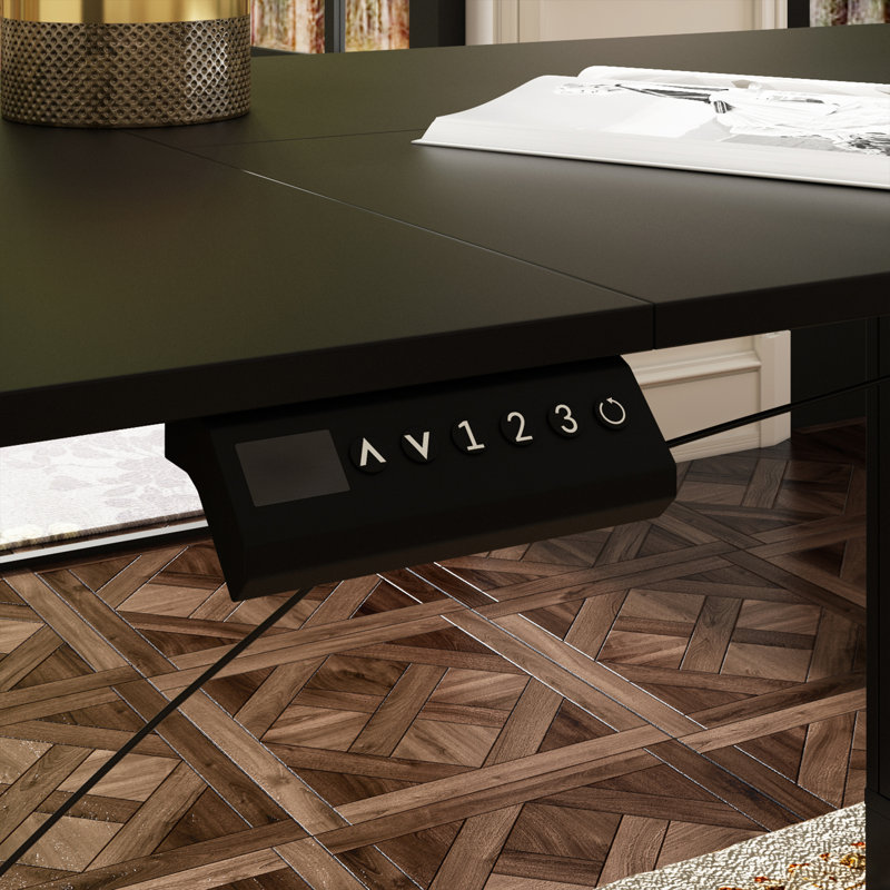 Bureau debout à hauteur ajustable en L de L 63 po avec armoire Cyril, Noir / Noir