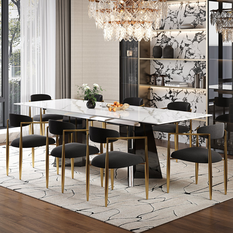 Modern Dining Table Set For 8-10 With 94.5'' Extendable Sintered Stone Dining Table And 8 Fabric Upholstered Arm Chairs