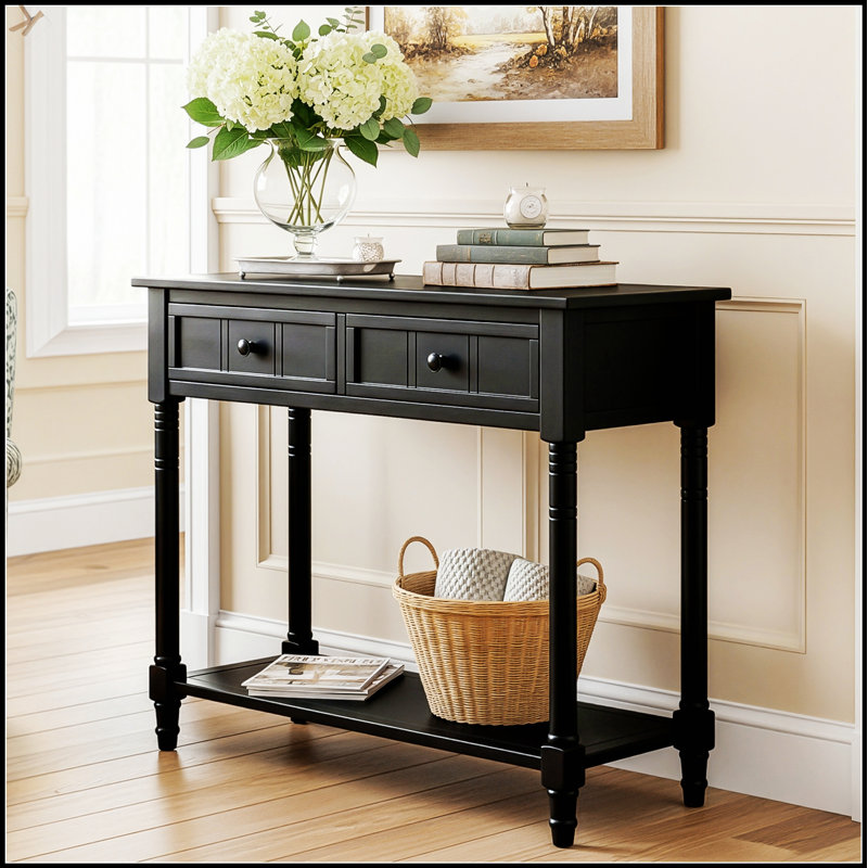 Console de style traditionnel Daisy avec deux tiroirs et une tablette inférieure, parfaite pour un rangement élégant, Black