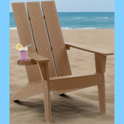 ASPIRING Modern Adirondack Chair With Cup Holder, Weather Resistant, Teak Finish