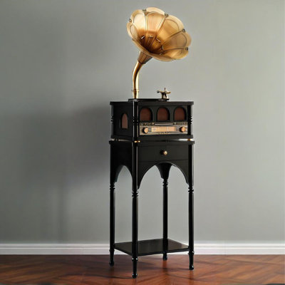 67.72"H Retro Black Solid Wood Oak Record Player with Bluetooth Speaker Integrated Phonograph