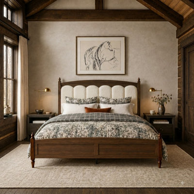 Wood Platform Bed with Upholstered Headboard