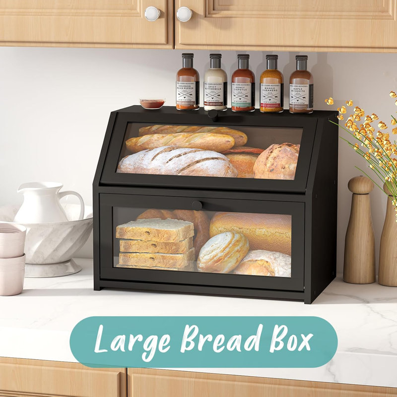 Black Bamboo Double Layer Bread Storage Box with Acrylic Panels