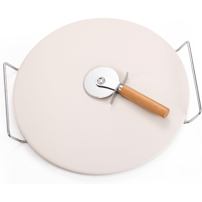 Annalyssa Pizza Stone Set 3Pc Includes Pizza Cutter & Wire Rack Multipurpose Ceramic Large