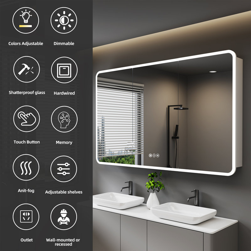 32" H X 60" W Cynethia Silver Aluminum Frame Rounded Edge Recessed/Surface Mount Medicine Cabinet with Mirrors, 3 Color Dimmable Lights and Adjustable Glass Shelves for Bathroom