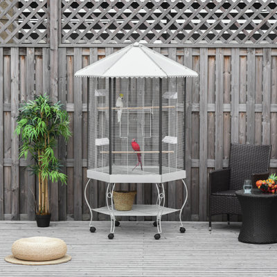 Cage à oiseaux extra large avec rangement - Volière portative à auvent hexagonal