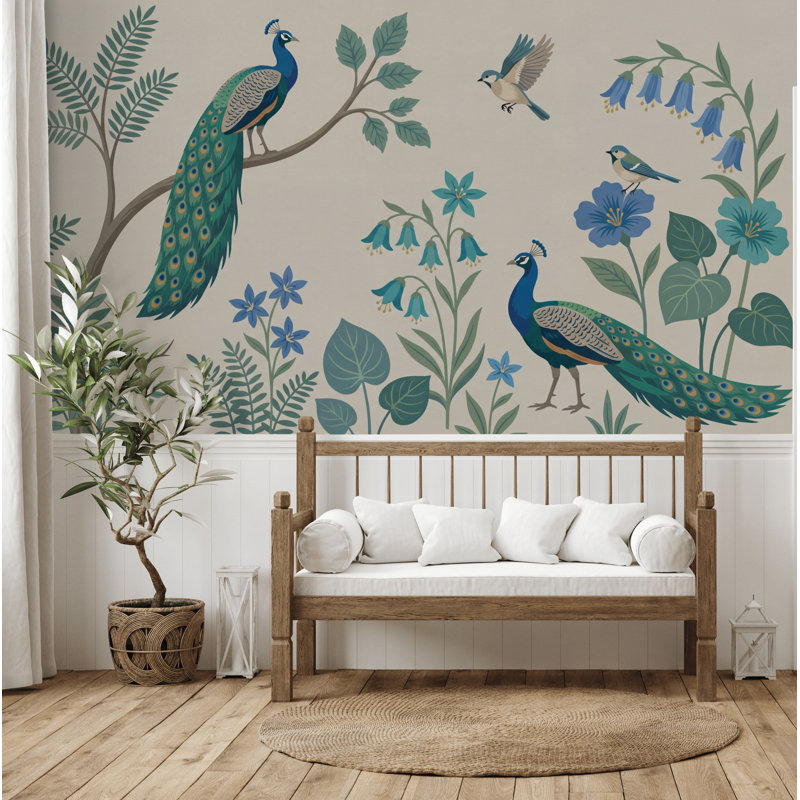Papier peint paon, oiseaux botaniques, 100 po x 96 po, Peler et coller