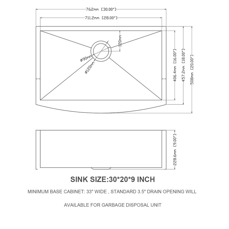 Kitchen Sink, 9" H x 20" W x 30" D