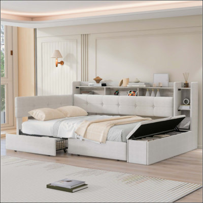 Lit de jour rembourré avec repose-pieds et tablettes avec rangement, deux tiroirs, charge USB et lumière DEL