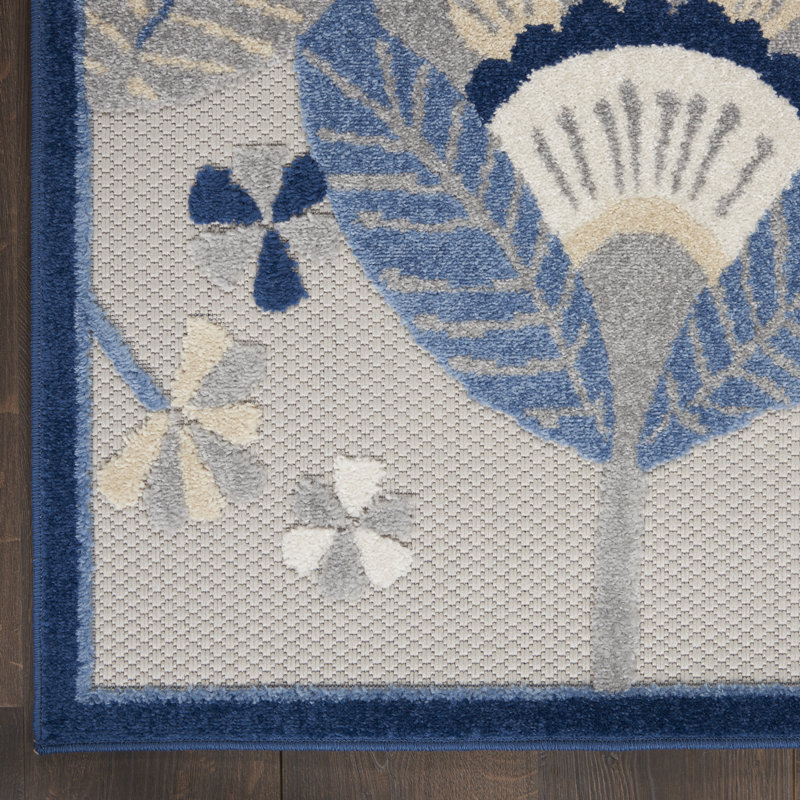 Tapis intérieur / extérieur bleu / gris / ivoire à motif floral Adamo, Rectangle 6 pi x 9 pi