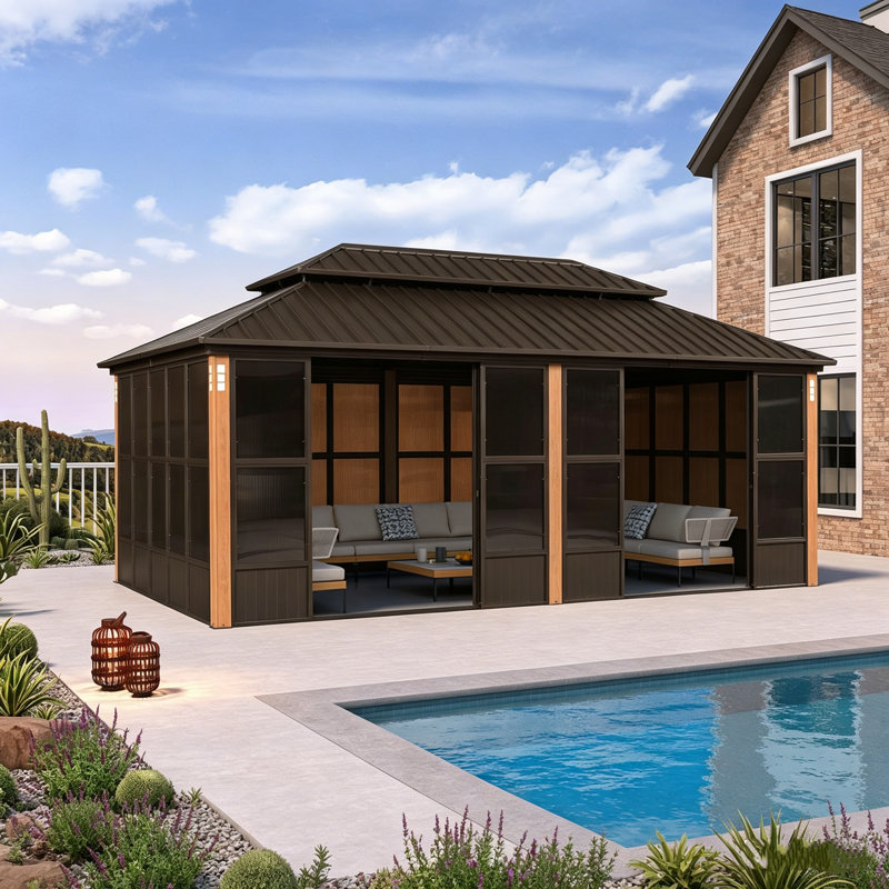 PURPLE LEAF 12'W x 20'D Double Roof Sunroom All-Weather Aluminum Hardtop Gazebo with Screen Enclosure for Backyard