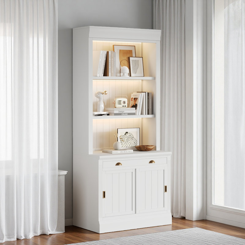 83.4"Tall Bookshelf With 3-Layer LED Lightings, Modern Bookcase With Sliding Doors And Open Shelves,Storage Bookshelf For Living Room