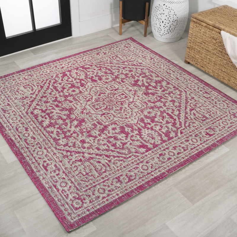 Aaleayah Medallion Textured Weave Fuchsia/Light Gray Indoor/Outdoor Rug, Square 5'3"