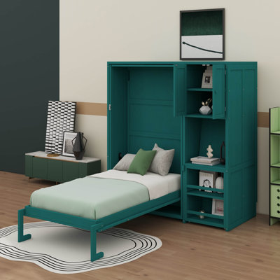 Twin Size Rotating Wall Murphy Beds With Bookshelf, Top Cabinet