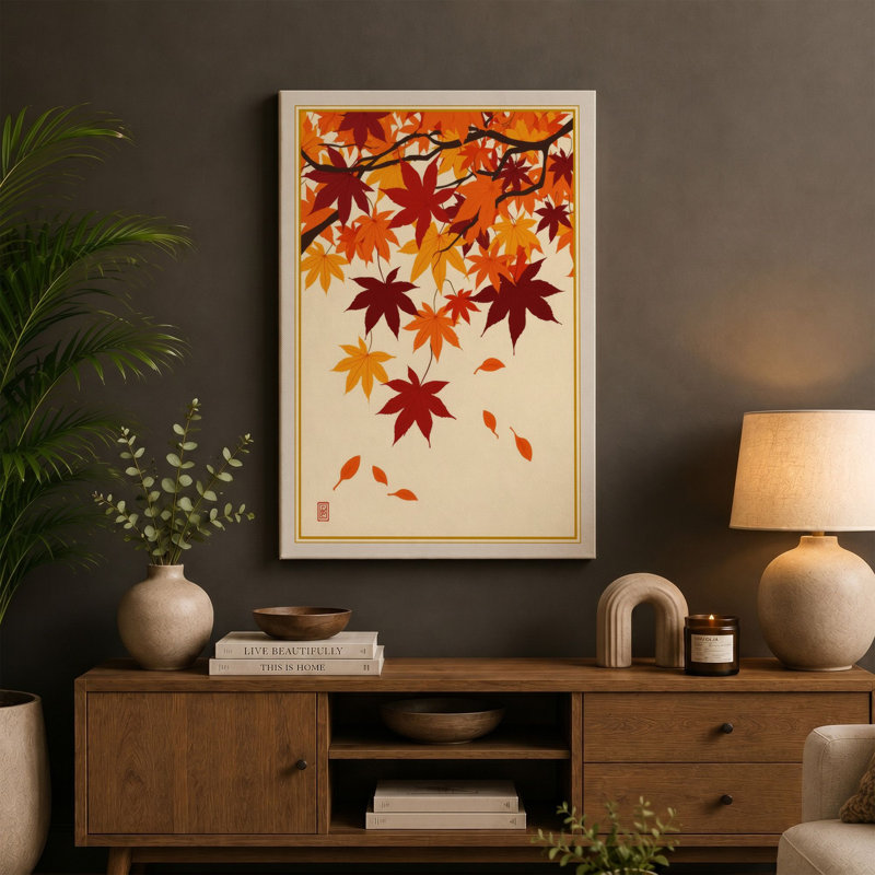Falling Autumn Leaves Japandi - Wrapped Canvas, 30x20 - 76.2 x 50.8 cm, White Border