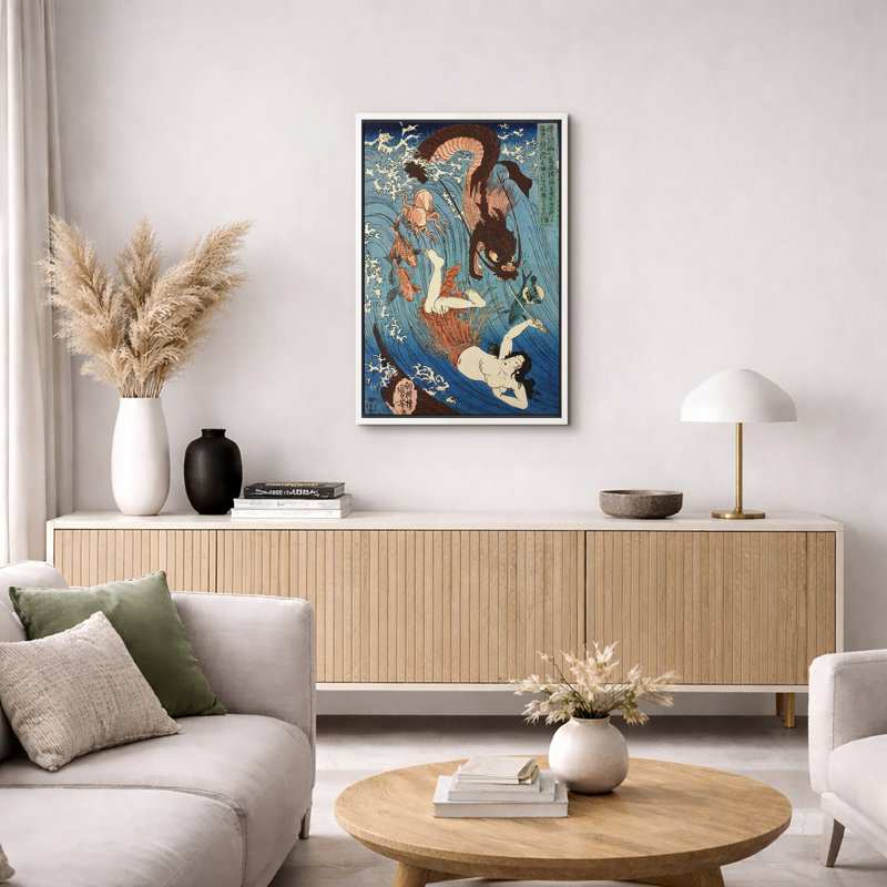 «Diver Battling Sea Serpent», œuvre d'art traditionnel japonais sur toile, impression d'art numérique sur toile encadrée