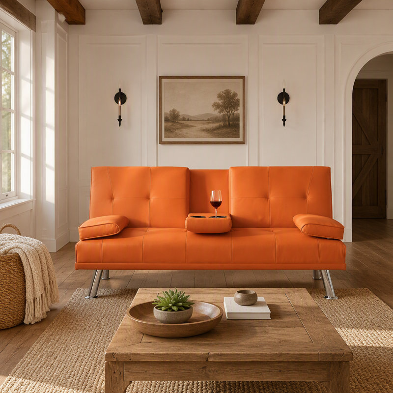 67-inch Orange Leather Multifunctional Double Folding Sofa Bed with Coffee Table for Office Use