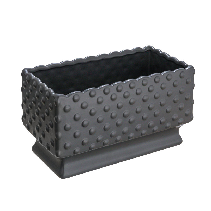 Ceramic Hobnail Planter with Scalloped Edge and Polka Dots, Gray