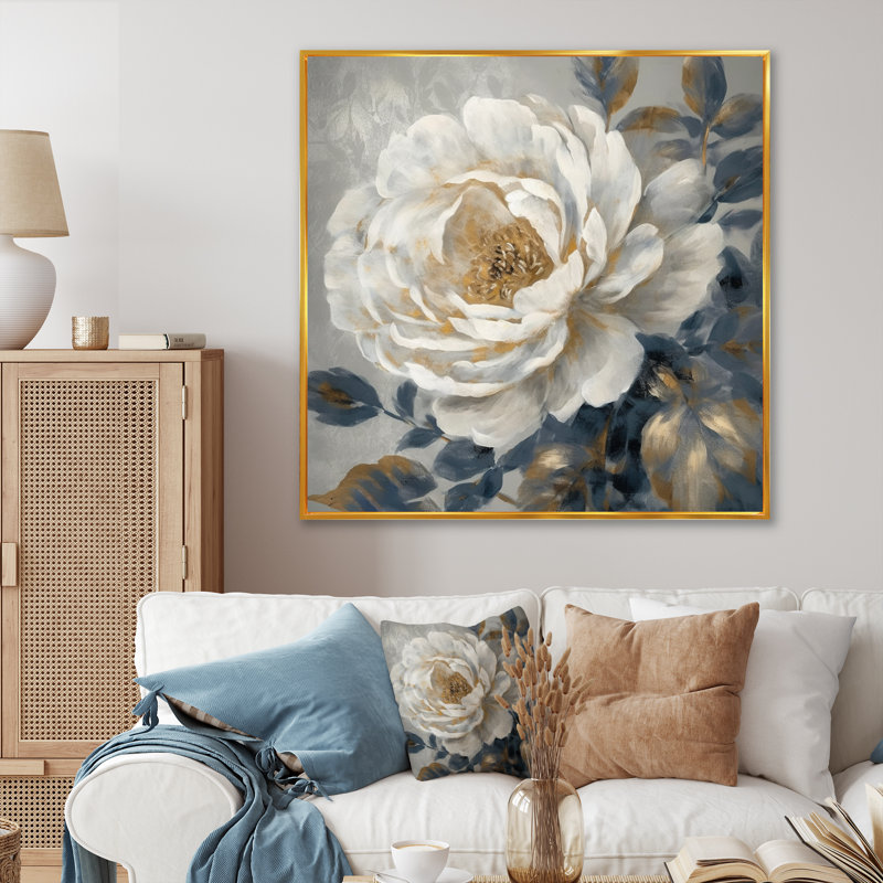 «Emotion Of White Blue Peony Flower II», reproduction d'art sur toile, H 30 po x l 30 po x P 1 po, Cadre flottant doré