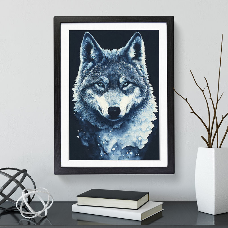 Winter Wolf Art No.1 - Wall Art, 36cm H x 27cm W, Black Framed Paper, White