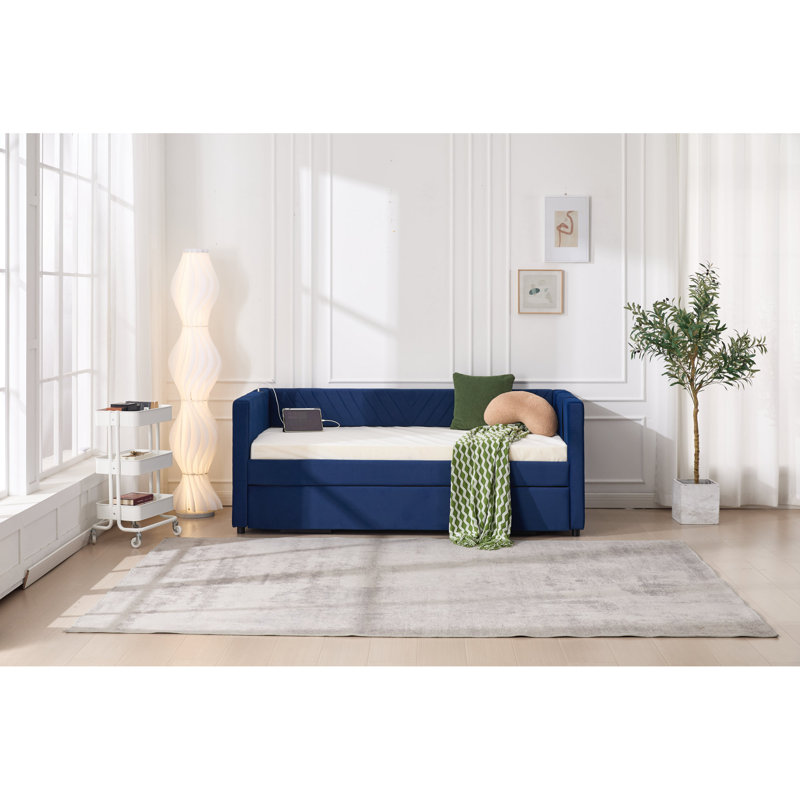 Lit de jour moderne en velours peu encombrant avec poches USB et latérales pour la chambre à coucher et la chambre d'amis