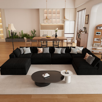156" Oversized Cloud Modular Sectional Sofa with Ottoman, Reconfigurable Deep Seat Couch with Plush Cushions, Black