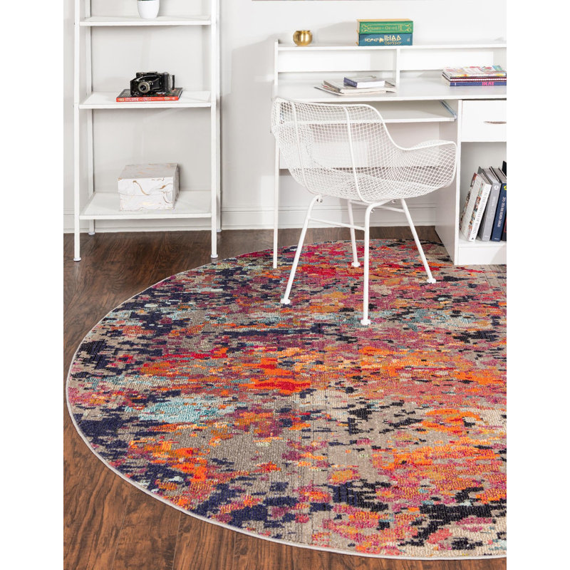 Tapis abstrait orange / gris / bleu marine, Rond 3 pi 3 po
