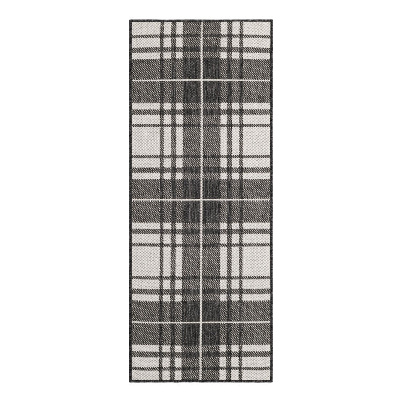 Tatasha Plaid Power Loom Polypropylene Plastic Indoor/Outdoor Area Rug in Black/White, Runner 2' x 5'1"