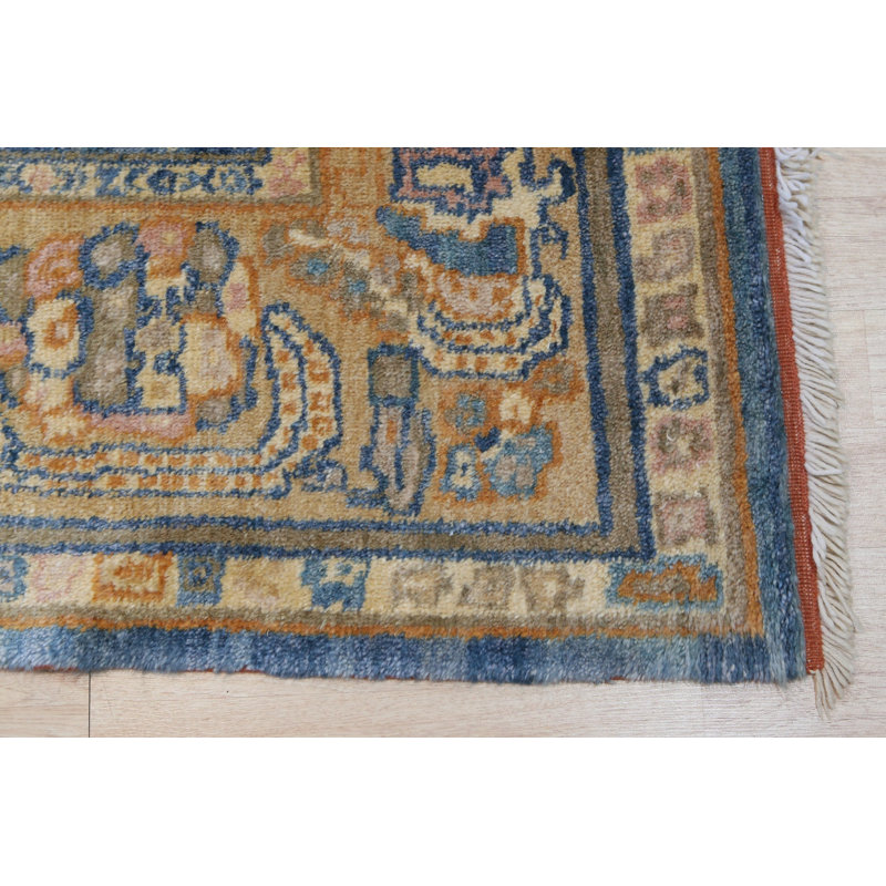 Blue Hand-Knotted Wool Faded Floral Bloom Geometric Modern Contemporary Carpet Rug, 12' x 18'