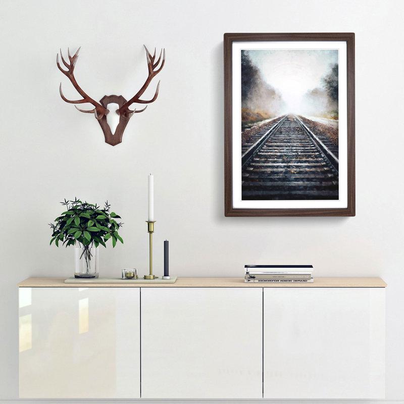 Train Tracks in the Mist - Picture Frame Painting Print, Walnut Framed, 33cm H x 24cm W x 2cm D