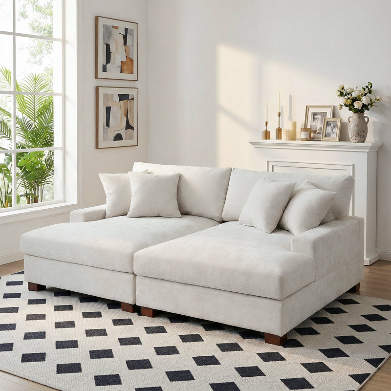 Canapé-lit surdimensionné rembourré en chenille blanc cassé avec accoudoirs et coussins décoratifs, Chenille blanc cassé